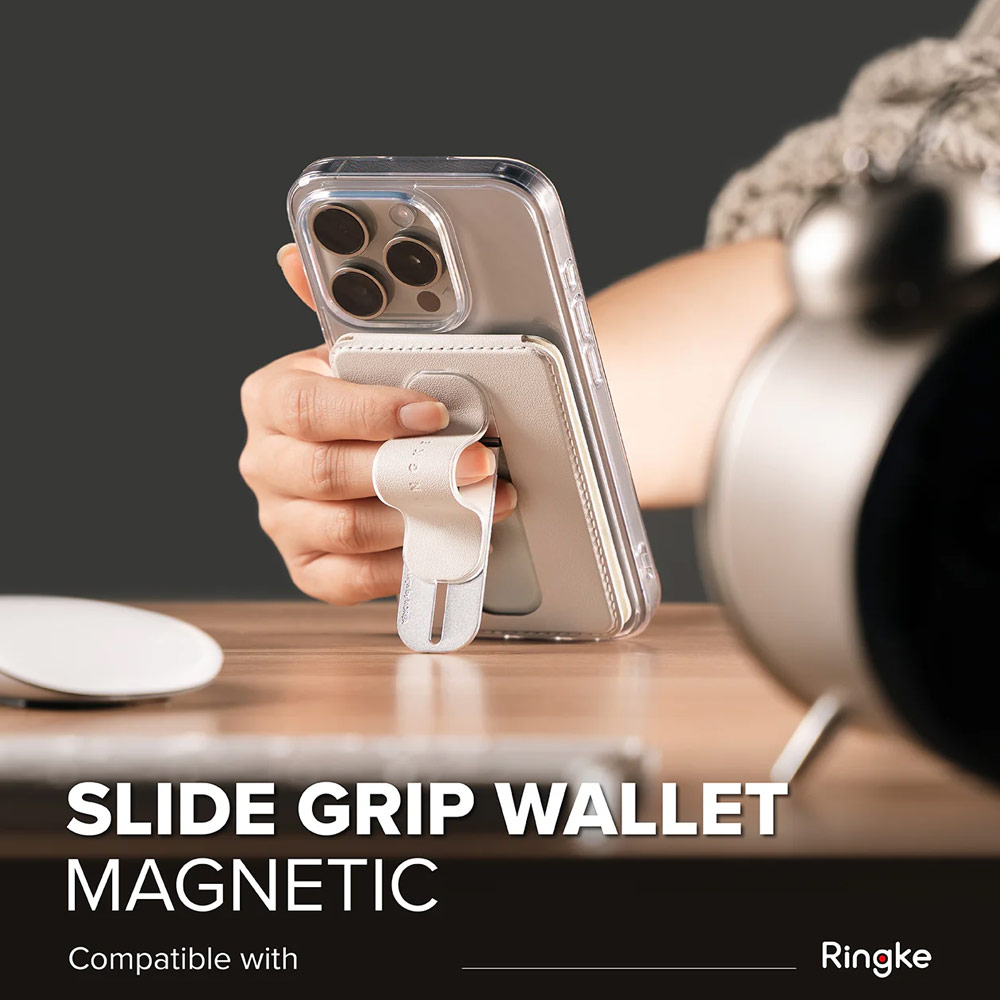 Picture of Apple iPhone 15 Pro Max 6.7  | Ringke Slide Grip PU Wallet Magnetic for iPhone 15 iPhone 16 Pro Max Card Holder Phone Stand (Beige Pink)