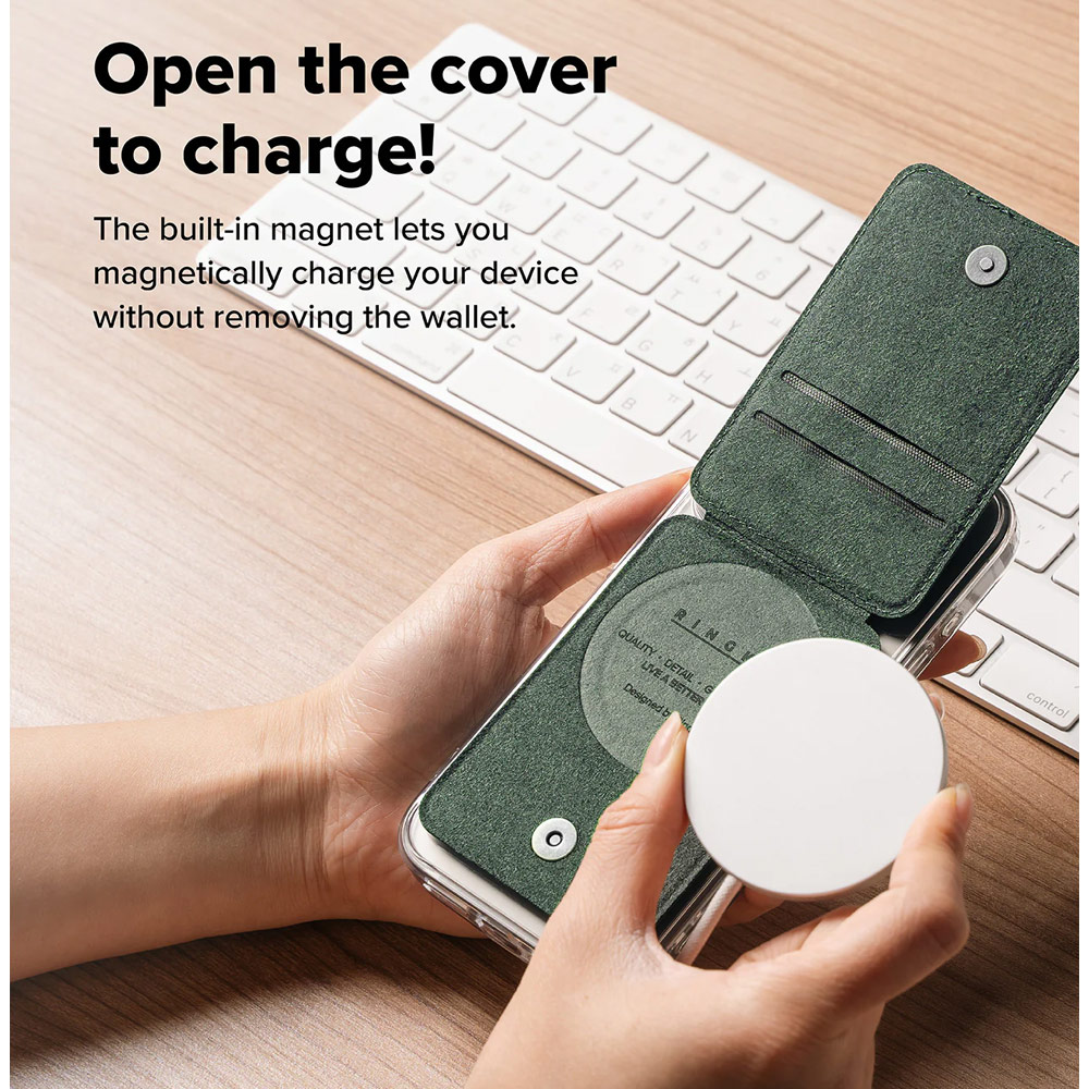 Picture of Apple iPhone 15 Pro Max 6.7  | Ringke Slide Grip PU Wallet Magnetic for iPhone 15 iPhone 16 Pro Max Card Holder Phone Stand (Dark Green)