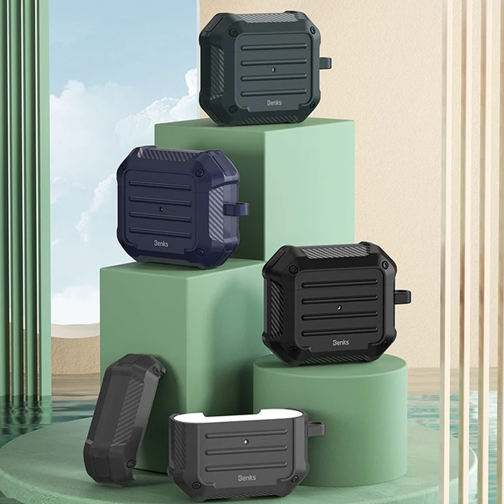 Picture of Apple Airpods 3 Case | Benks Suitcase Protective Case for AirPods 3 Liquid Silicone Case with Carabiner Hook (Grey)