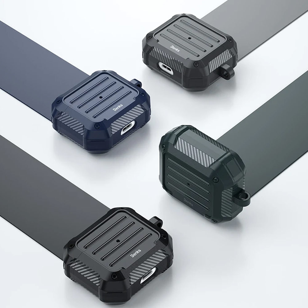 Picture of Apple Airpods 3 Case | Benks Suitcase Protective Case for AirPods 3 Liquid Silicone Case with Carabiner Hook (Grey)