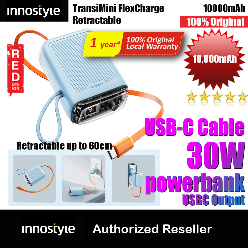 Picture of Innostyle CCC 3C Certified Power Bank TransiMini FlexCharge Retractable 30W 10000mAh 60cm USB-C Small Mini Compact Size Power Bank with Cable (Blue) Red Design- Red Design Cases, Red Design Covers, iPad Cases and a wide selection of Red Design Accessories in Malaysia, Sabah, Sarawak and Singapore 