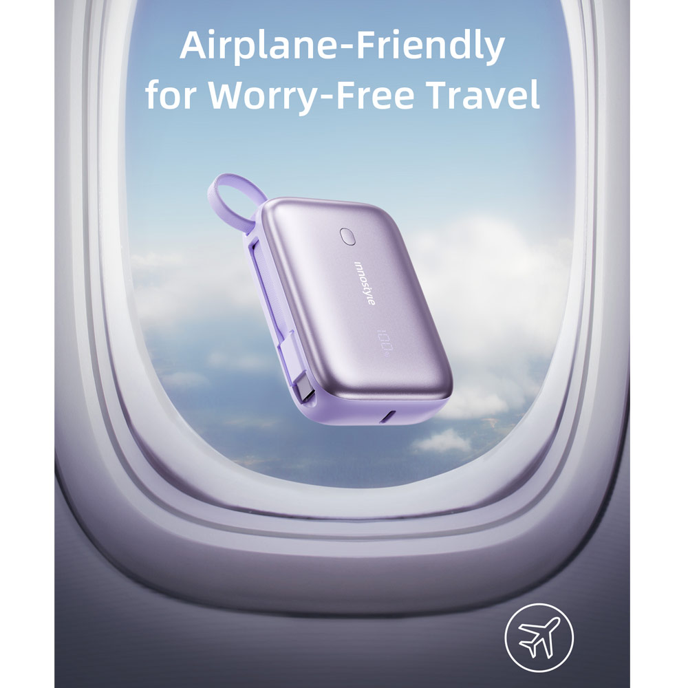 Picture of Innostyle PowerGo Mini Plus 10000mAh with USB-C input output USB-A Output Fast Charge PowerBank with USB-C Build in Cable  (Lavender)