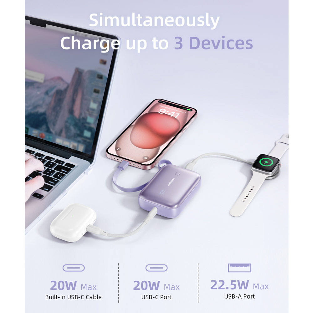 Picture of Innostyle PowerGo Mini Plus 10000mAh with USB-C input output USB-A Output Fast Charge PowerBank with USB-C Build in Cable  (Lavender)