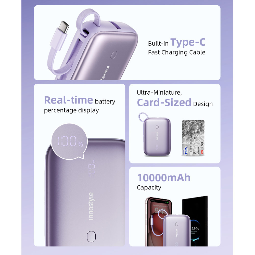 Picture of Innostyle PowerGo Mini Plus 10000mAh with USB-C input output USB-A Output Fast Charge PowerBank with USB-C Build in Cable  (Lavender)