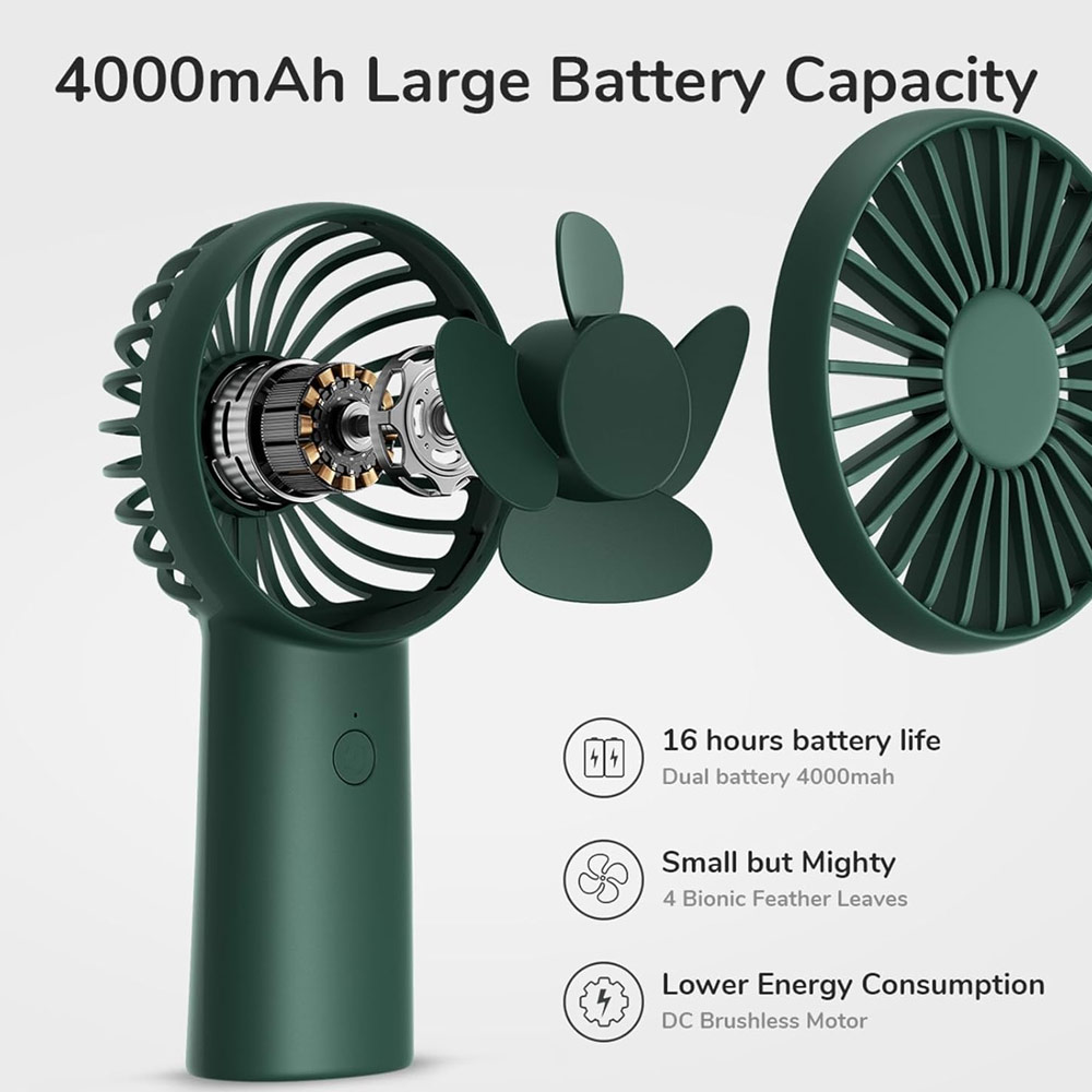 Picture of Jisulife Malaysia 3 Speed Wind Handheld Fan Portable Rechargeble 4000mAh Fan Kipas for Home Office Travel Outdoor Indoor Activity (Green)