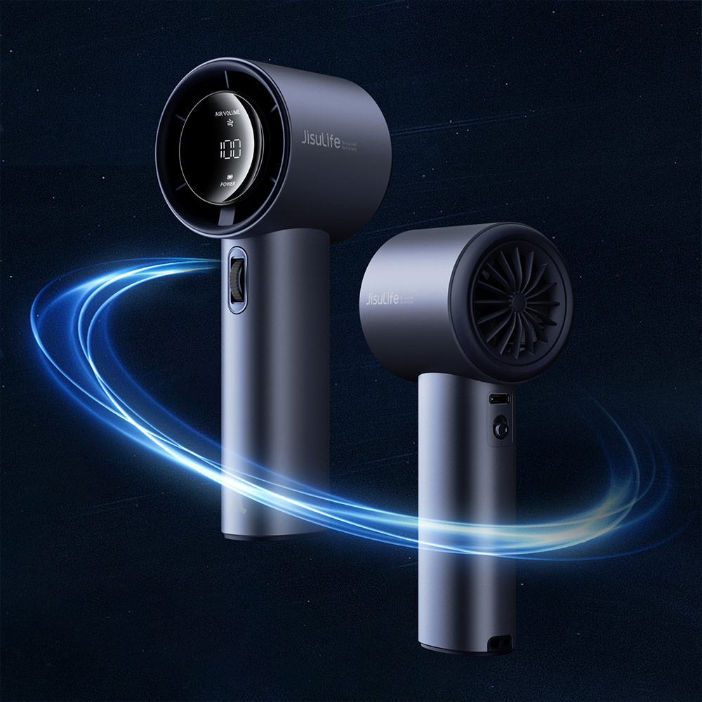 Picture of Jisulife Malaysia Super Power 100 Speed Turbo Strong Wind Portable Fast Charge Rechargeable  3600mAh Hidden Blade High Quality Handheld Mini Fan for Outdoor Indoor Badminton Court Concert Picnic Camping FA53ABS (Blue)