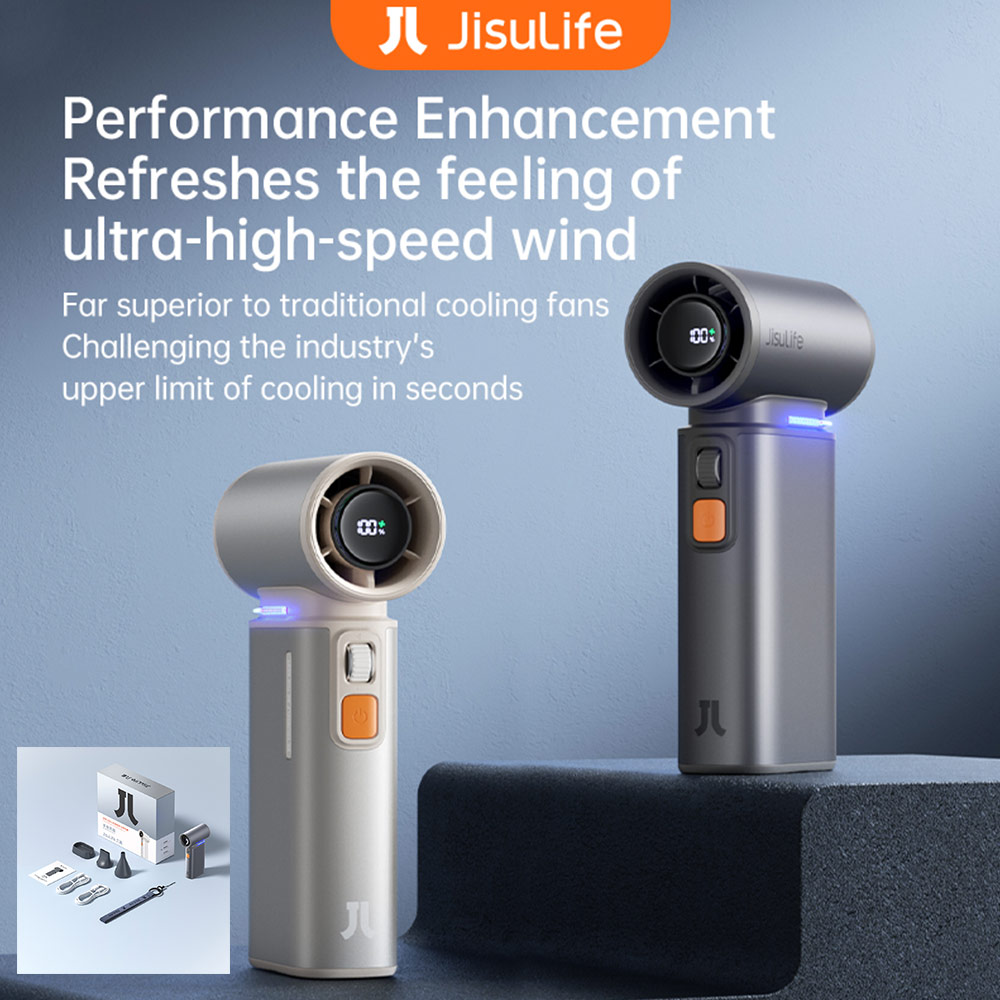 Picture of Jisulife Malaysia Super Power 100 Speed Ultra Ultra1 Turbo Strong Wind Portable Fast Charge Rechargeble 9000mAh Hidden Blade High Quality Handheld Mini Fan As Hair Dryer for Outdoor Indoor Badminton Court Concert Picnic Camping FA55 (Dark Grey)