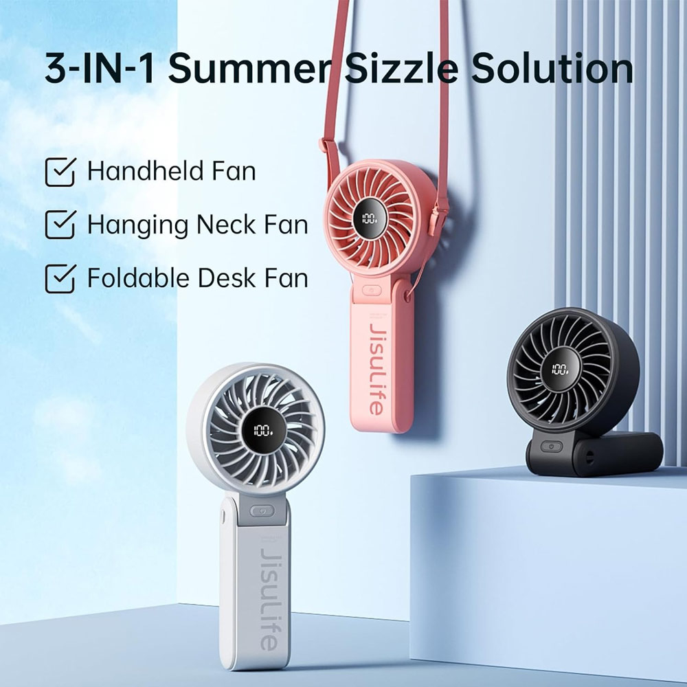 Picture of Jisulife Malaysia 3 in 1 Handheld Fan Life7 Powerful Portable Fan with LED Display Foldable as Desk Fan Hangable as Neck Fan (3600mAh Light Grey)