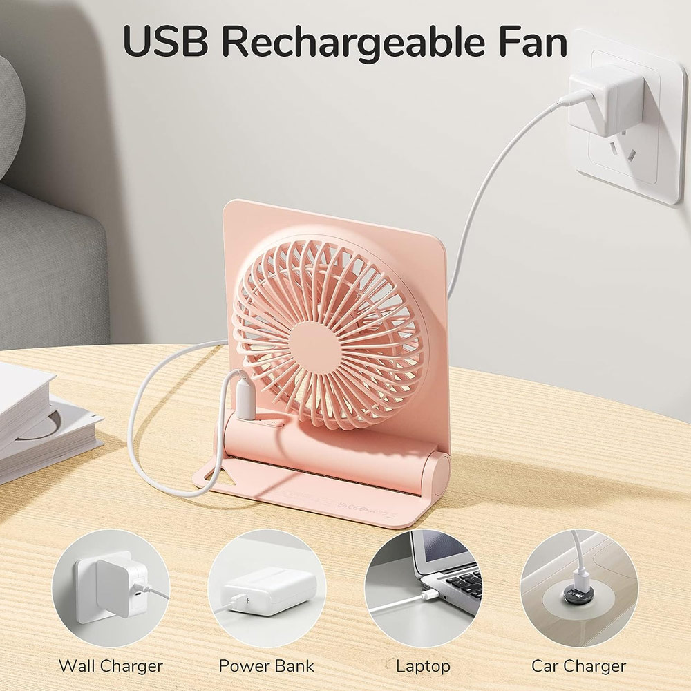 Picture of Jisulife Malaysia Ultra Slim Table Fan Lite Strong Air Flow 4 Speed Wind Portable Rechargeable 4500mAh Desktop Fan For Home Office Outdoor Travel (Pink)