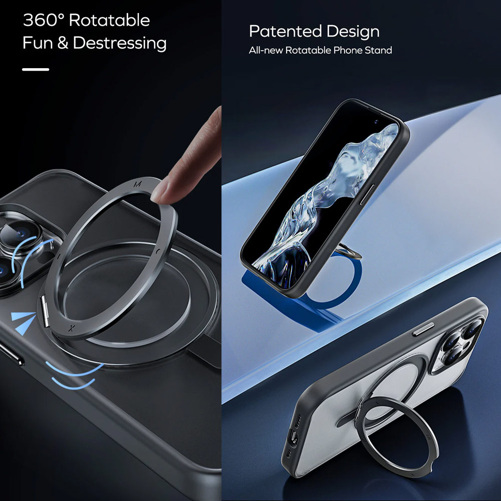 Picture of Apple iPhone 15 Pro 6.1 Case | Momax CaseForm Roller Magnetic Case with Rotatable Stand Drop Protective Case iPhone 15 Pro 6.1 (Matte Black)