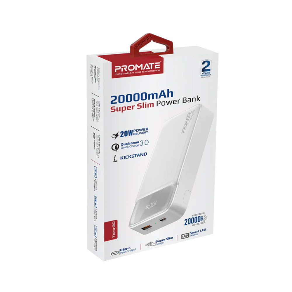 Picture of Promate 20000mAh Power Bank Powerbank 20W Power Delvey USB-C 18W QC3 USB-A  with Kickstand Torq-20 (White)