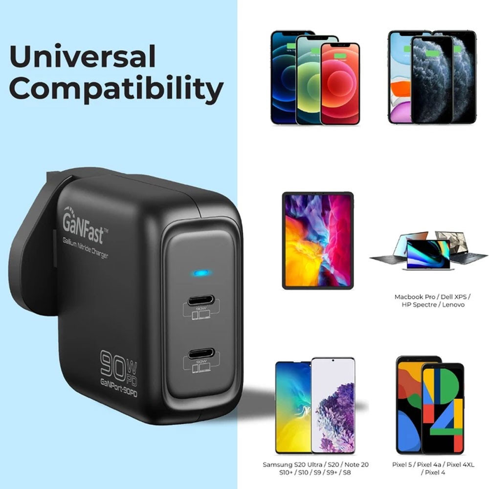 Picture of Promate GaN USB-C Charger Powerful 90W Dual USB-C Laptop Charger with Fast Charging GaN Technology Power Delivery Wall Adaptor UK and Adaptive Fast Charging for MacBook Pro Macbook Air iPad Pro iPhone 13 Series 14 Pro Max Plus iPad Air GaNPort-90PD