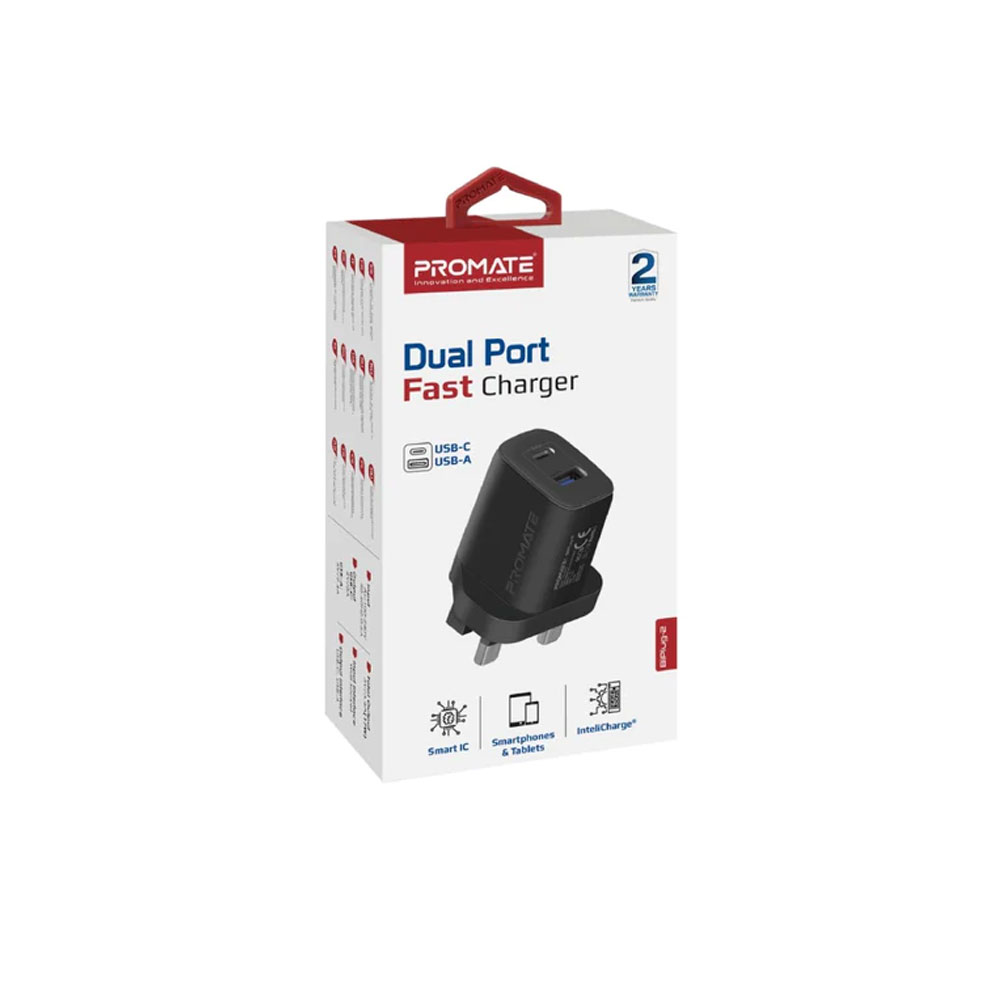 Picture of Promate 17W High Speed Dual Port Charger USB-C USB-A Port Compact Design Charger (Black)