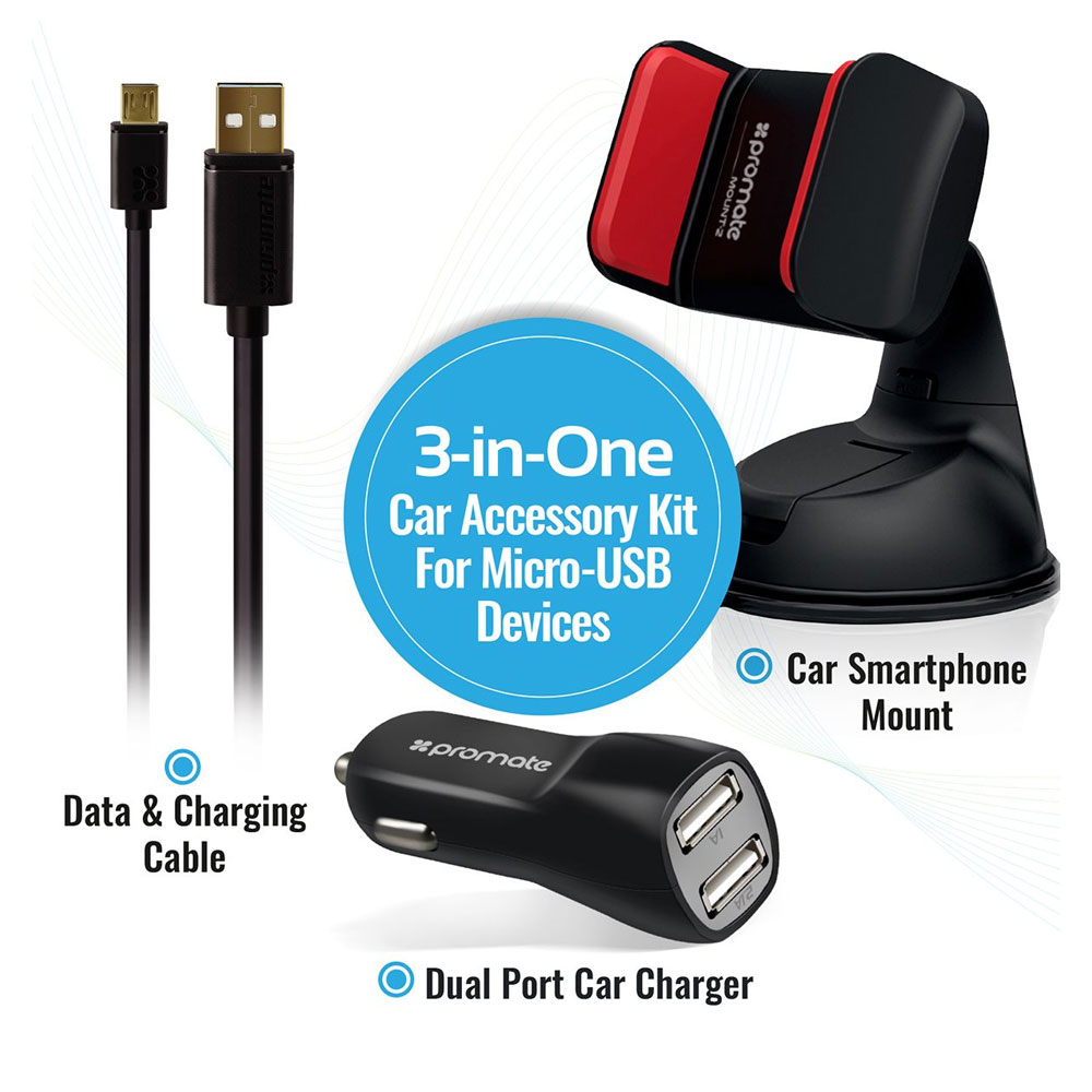 Picture of Promate Car Kit 3-In-1 Micro USB Car Kit with 3.1A Dual USB Universal Car Charger Car Mount Phone Holder for Smartphones Carkit HM (Black)