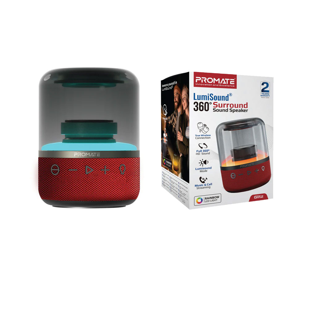 Picture of Promate LED Bluetooth Speaker with TWS  Aux Port Micro SD Card Slot USB Media Port 360 Sound and LED Glitz (Red)