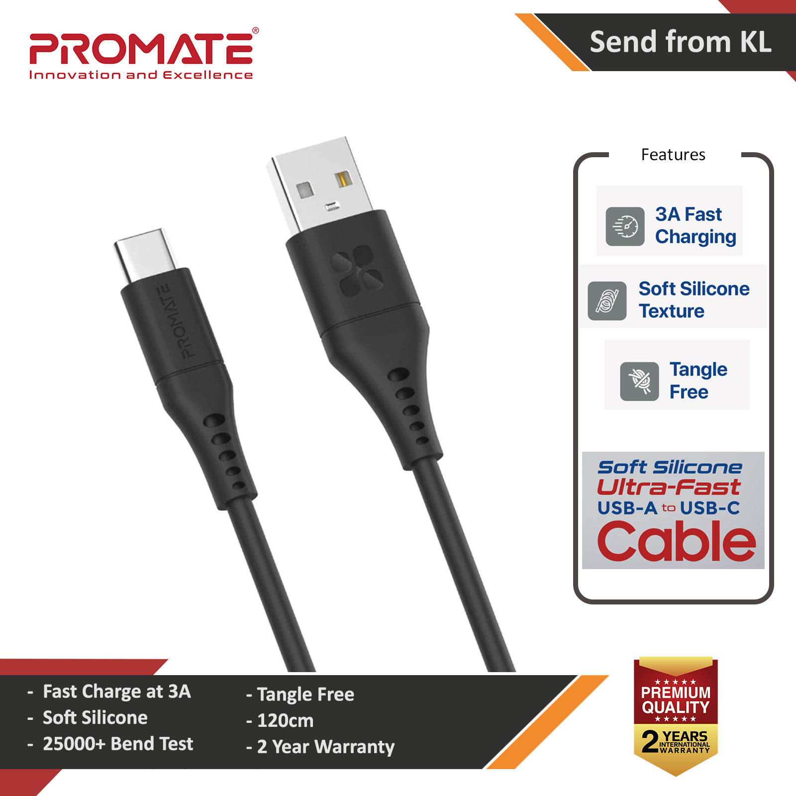 Picture of Promate Ultra Fast USB A to USB C 3A Fast Charging Soft Silicone cable for Smartphones Tablets Galaxy S22 Ultra Vivo Huawei Oppo (Black) Red Design- Red Design Cases, Red Design Covers, iPad Cases and a wide selection of Red Design Accessories in Malaysia, Sabah, Sarawak and Singapore 