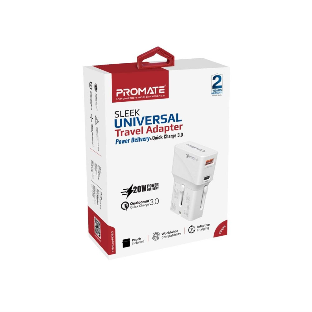 Picture of Promate Universal Travel Adapter Compact Lightweight Mini 20WPD Power Delivery Qualcomm QC3.0 Port Smart IC Travel Adapter (White)