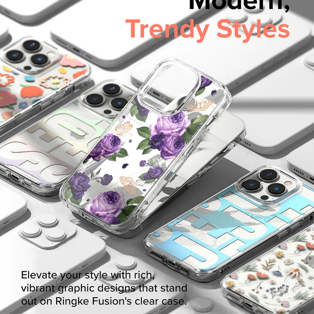 Picture of Apple iPhone 14 Pro Max 6.7 Case | Ringke Fusion Design Female Modern Women Girl Trendy Design Slim Drop Protection Case for iPhone 14 Pro Max 6.7 (Purple Roses)