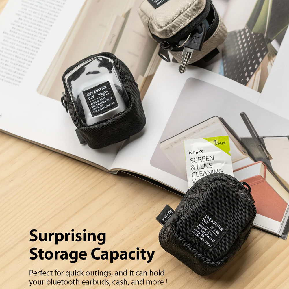 Picture of Ringke Mini Pouch Block Bag Miniature with Zipper Closure with Carabiner for Small Gadgets (Clear Black)