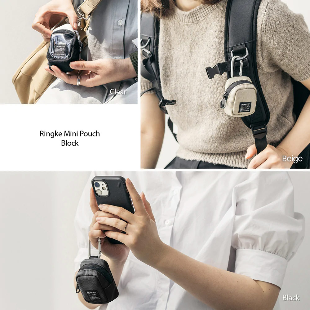 Picture of Ringke Mini Pouch Block Bag Miniature with Zipper Closure with Carabiner for Small Gadgets (Clear Black)
