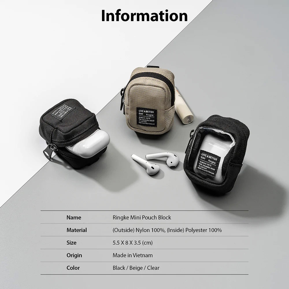 Picture of Ringke Mini Pouch Block Bag Miniature with Zipper Closure with Carabiner for Small Gadgets (Clear Black)