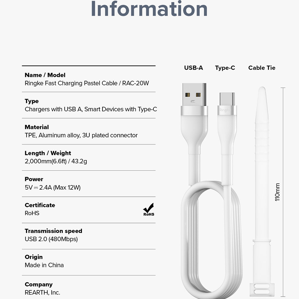 Picture of Ringke Pastel TPE Durable Cable with Cable Tie Organizer QC2.0 Fast Charge USB A to Type C (White 200cm)