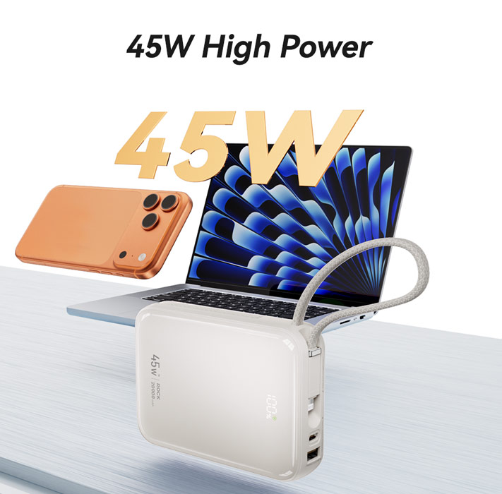 Picture of ROCK Interstellar CCC Certified 45W Power Bank with Built-in Cables 20000mAh Travel Portable Small Palm Size Compact Mini Power Bank powerbank with Multiple Built in Cable USB C USB L (White)