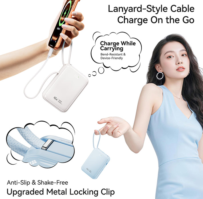 Picture of ROCK Interstellar CCC Certified 45W Power Bank with Built-in Cables 20000mAh Travel Portable Small Palm Size Compact Mini Power Bank powerbank with Multiple Built in Cable USB C USB L (White)