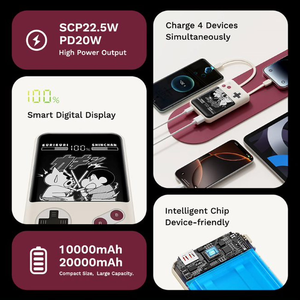 Picture of Rock CCC 3C Certified Power Bank Mini Compact Size PD 20W 10000mAh Travel Portable Small Palm Size Compact Mini CCC Power Bank powerbank with Multiple Built in Cable USB C USB L (Crayon Shin Chan)