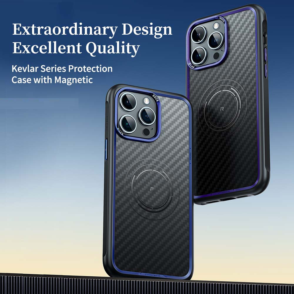Picture of Apple iPhone 15 Pro Max 6.7 Case | Rock Kevlar Series Drop Protection Magsafe Compatible Case for iPhone 15 Pro Max 6.7 (Aramid Fiber Blue)