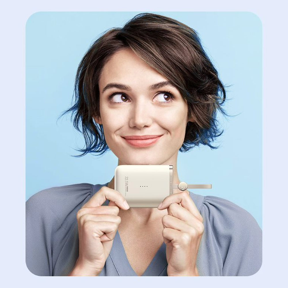 Picture of Rock CCC 3C Certified Power Bank Mini Compact Pocket Size Small Thin Portable Easy Travel Fast Charge CCC Powerbank Power Bank with Cable (Beige)