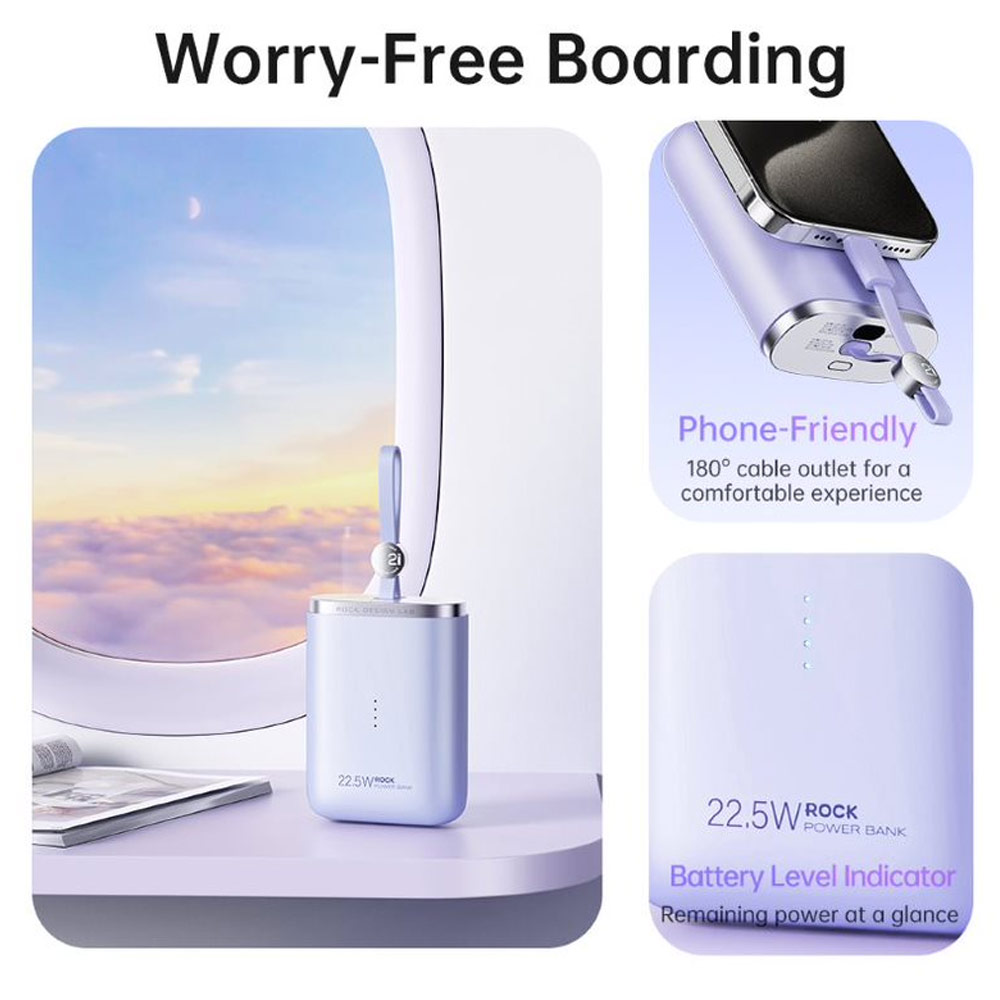 Picture of Rock CCC 3C Certified Power Bank Mini Compact Pocket Size Small Thin Portable Easy Travel Fast Charge CCC Powerbank Power Bank with Cable (Beige)