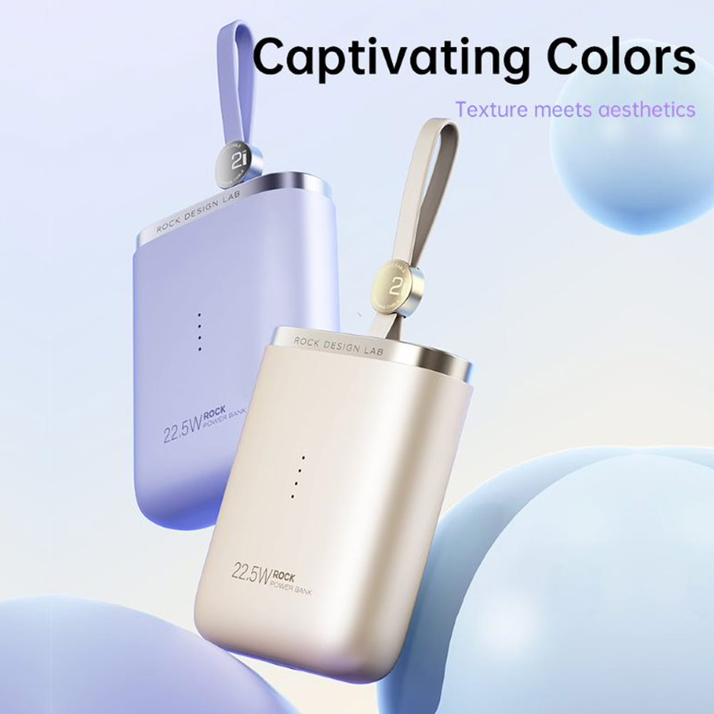 Picture of Rock CCC 3C Certified Power Bank Mini Compact Pocket Size Small Thin Portable Easy Travel Fast Charge CCC Powerbank Power Bank with Cable (Beige)