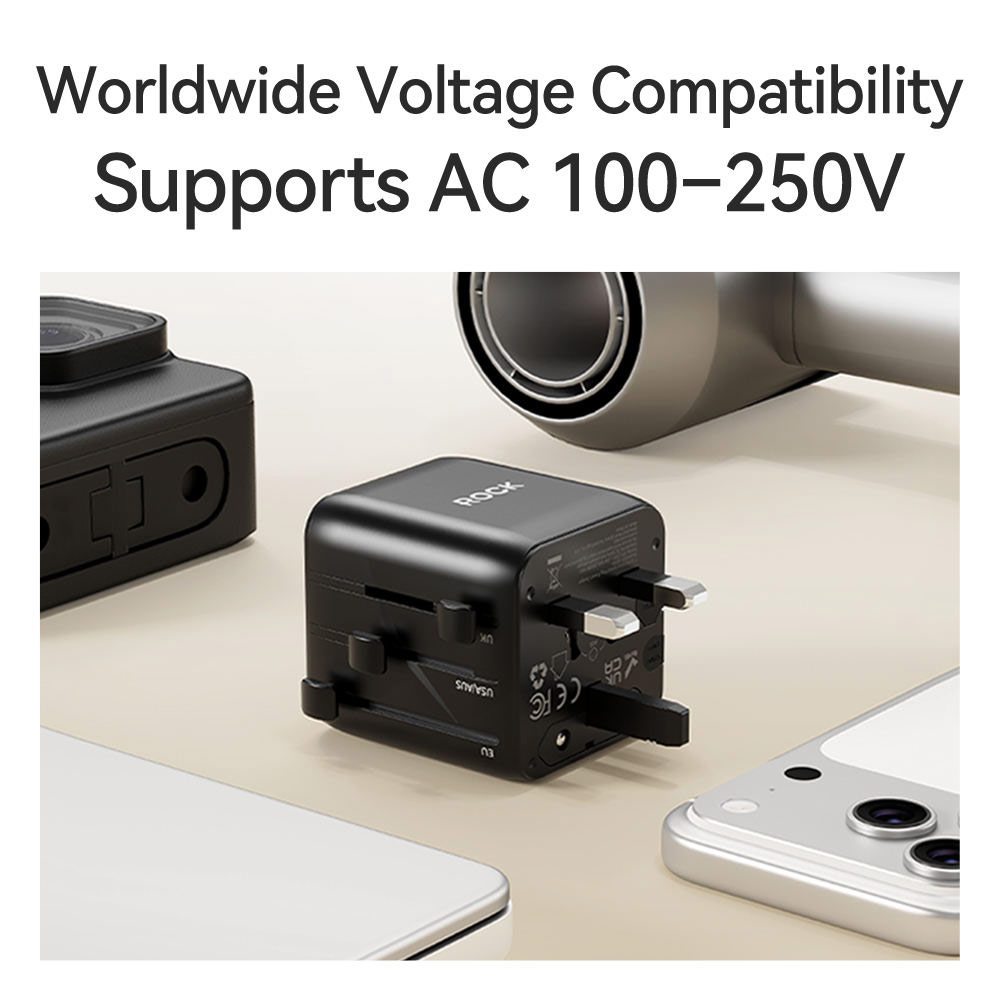 Picture of ROCK 2026 T30 Desktop Charger World Travel Adapter with QC3.0 PD3.0 PPS Fast Charging and AC Port (Black)