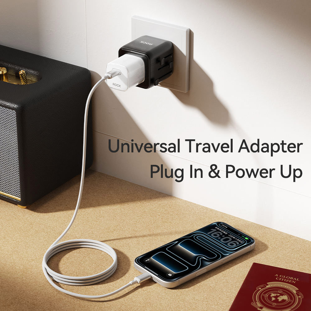 Picture of ROCK 2026 T30 Desktop Charger World Travel Adapter with QC3.0 PD3.0 PPS Fast Charging and AC Port (Black)