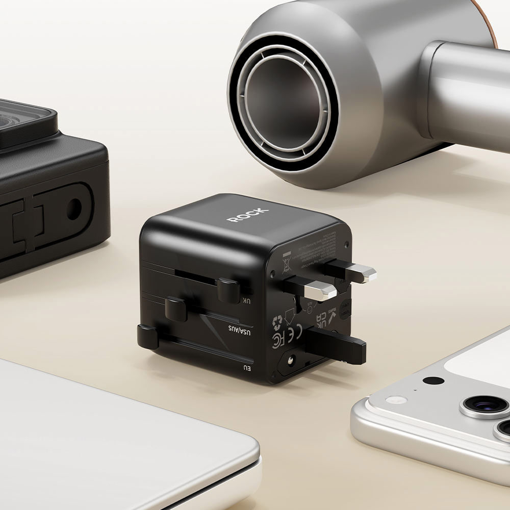 Picture of ROCK 2026 T30 Desktop Charger World Travel Adapter with QC3.0 PD3.0 PPS Fast Charging and AC Port (Black)