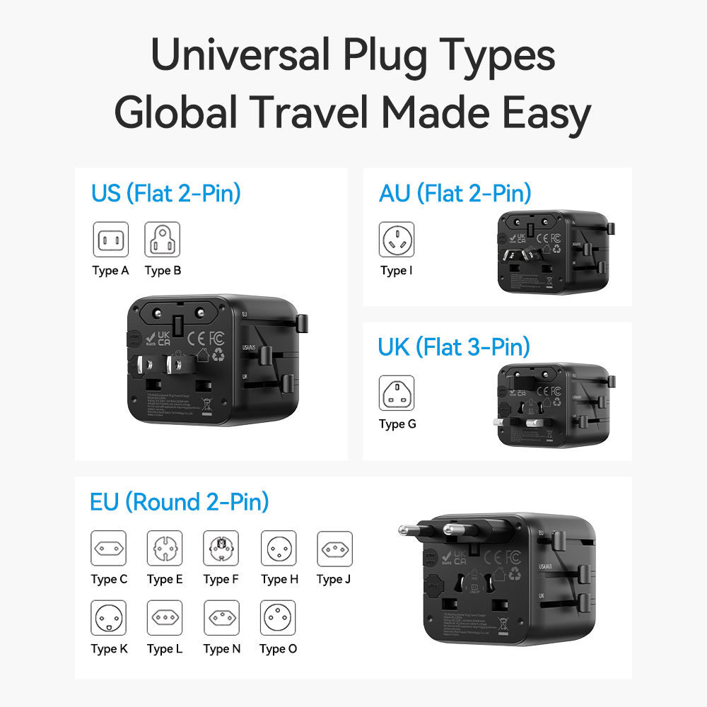 Picture of ROCK 2026 T30 Desktop Charger World Travel Adapter with QC3.0 PD3.0 PPS Fast Charging and AC Port (Black)