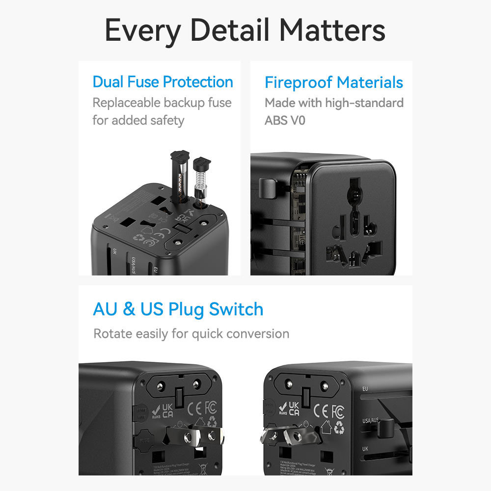 Picture of ROCK 2026 T30 Desktop Charger World Travel Adapter with QC3.0 PD3.0 PPS Fast Charging and AC Port (Black)