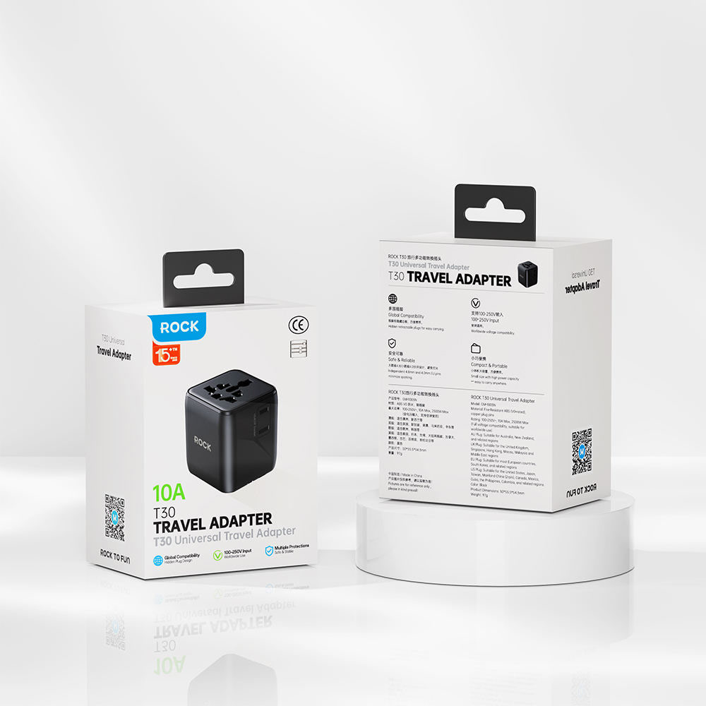 Picture of ROCK 2026 T30 Desktop Charger World Travel Adapter with QC3.0 PD3.0 PPS Fast Charging and AC Port (Black)