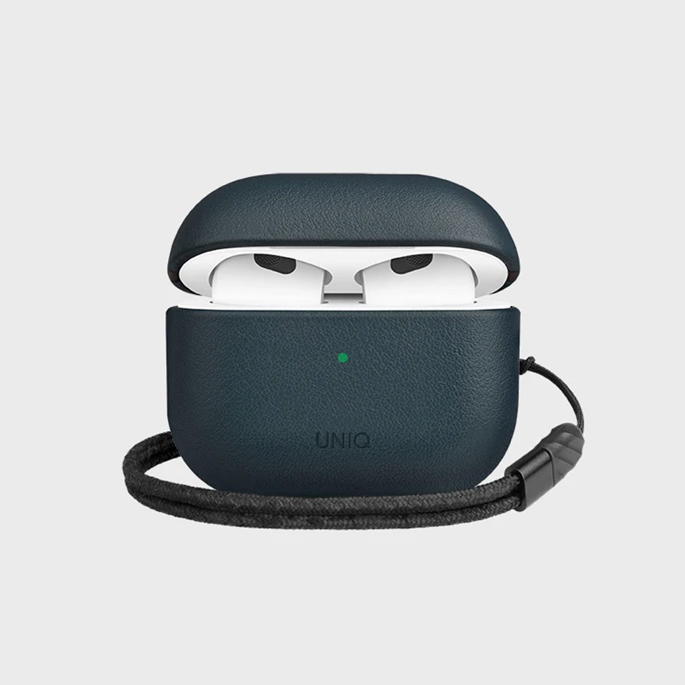 Picture of Apple Airpods 3 Case | Uniq Terra Airpod Genuine Leather Snap Case with Braided Wrist Strap for Airpods 3 Airpods 3rd Gen (Nautical Blue)