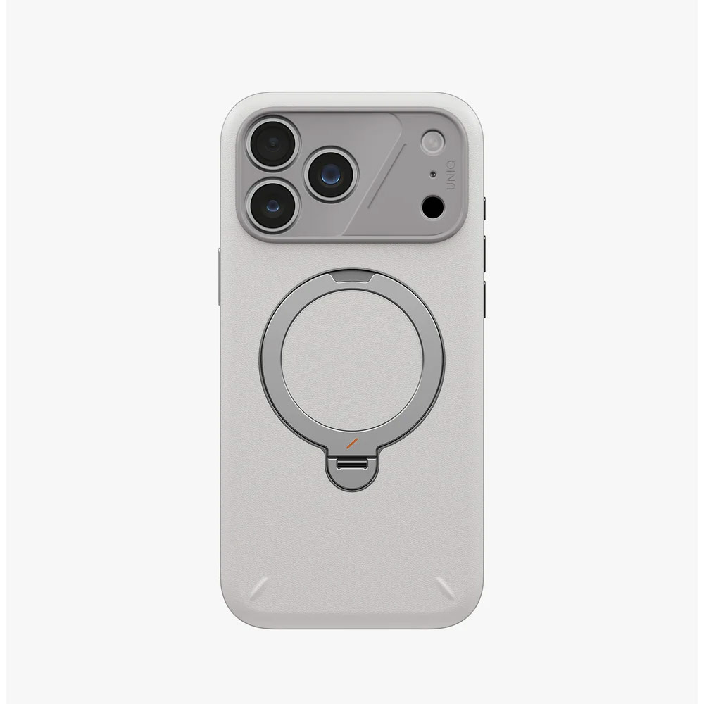 Picture of Apple iPhone 18 Pro Case | Uniq Elix 360 Kickstand Leather Drop Protection Magnetic Case with Camera Control Button for iPhone 18 Pro - Cloud Stone