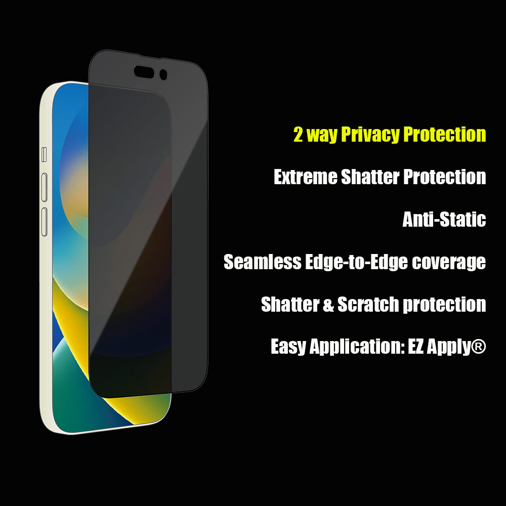 Picture of Apple iPhone 14 Pro 6.1 Screen Protector | Zagg Glass Elite Edge Tempered Glass Screen Protector with Easy Installation Tray for iPhone 14 Pro 6.1 (2 Way Privacy