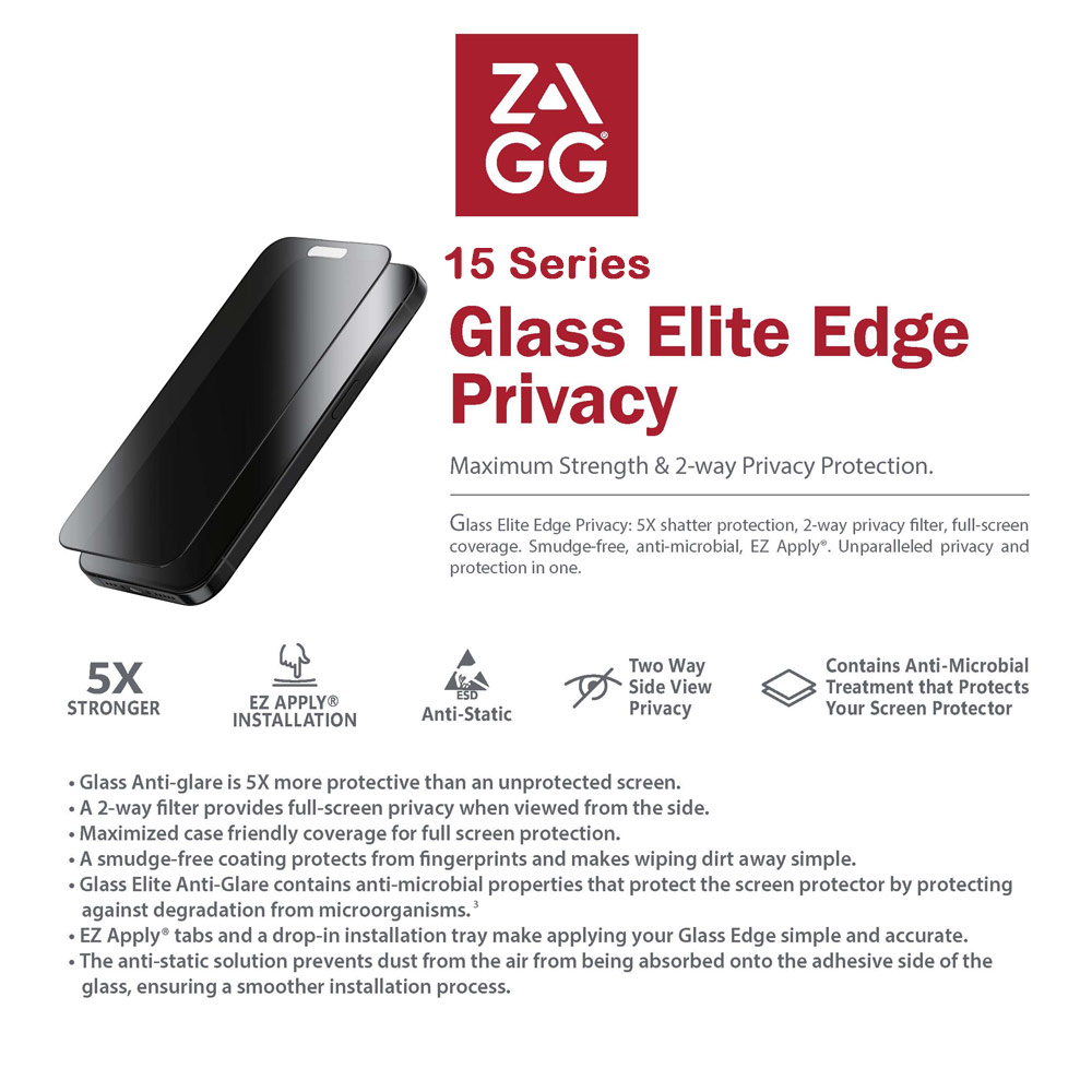 Picture of Apple iPhone 15 Pro 6.1 Screen Protector | Zagg Glass Elite Edge Anti Peep View Privacy Tempered Glass Screen Protector with Easy Installation Tray for iPhone 15 Pro 6.1 (2 Way Privacy)
