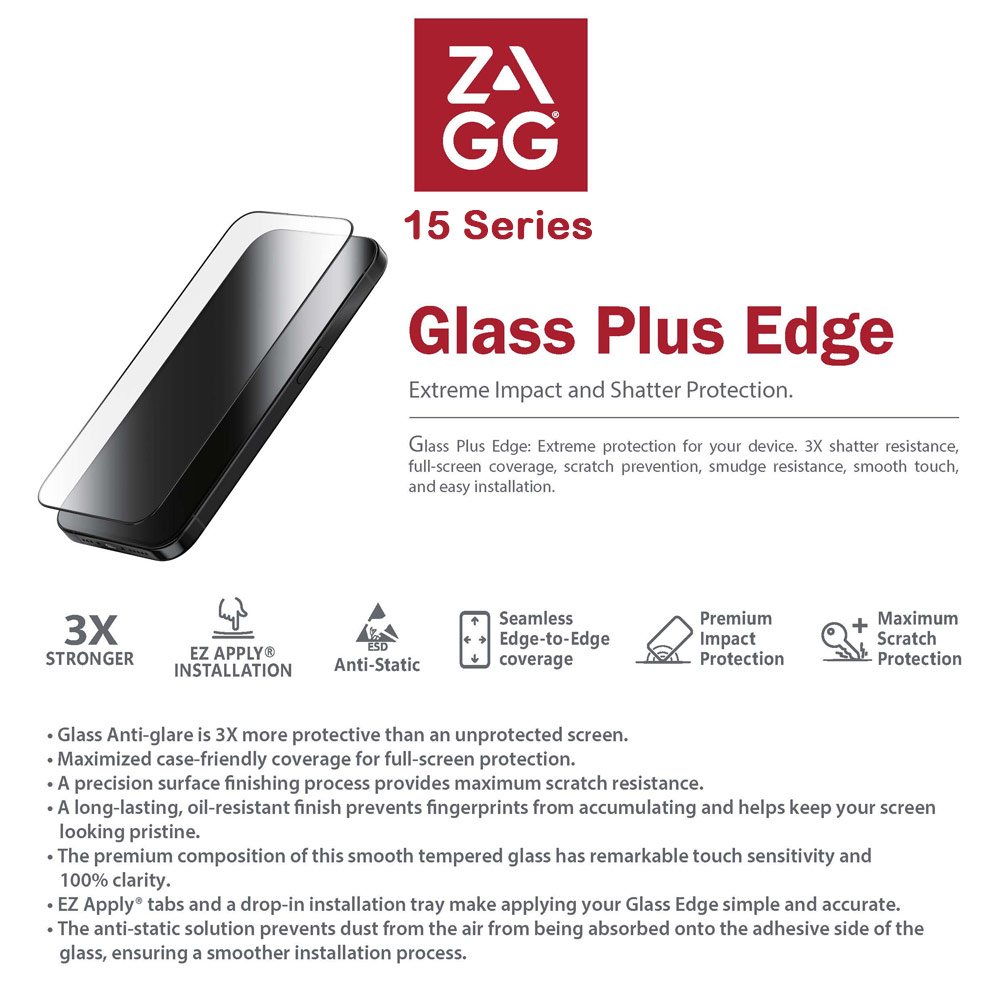 Picture of Apple iPhone 15 6.1 Screen Protector | Zagg Glass Plus Edge Tempered Glass Screen Protector with Easy Installation Tray for iPhone 15 6.1 (Clear)